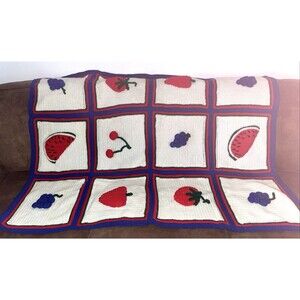 Vintage Handmade 3 Dimensional Summer Fruit Afghan Blanket 57X42 Summer Picnic